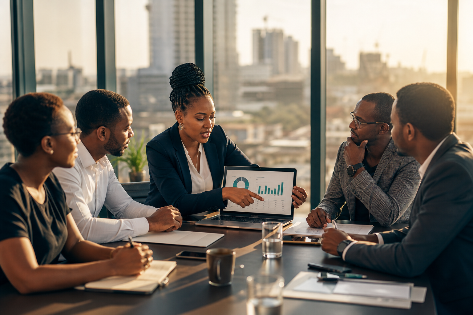 African business professionals collaborating in a modern office